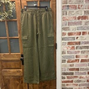 Sanctuary Social Standard Cargo Pants Lg Olive Green Wide Leg Drawstring Waist